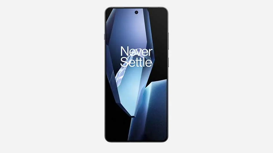Een smartphone met een zwart frame toont een blauw abstract patroon en de tekst "Never Settle" op het scherm.