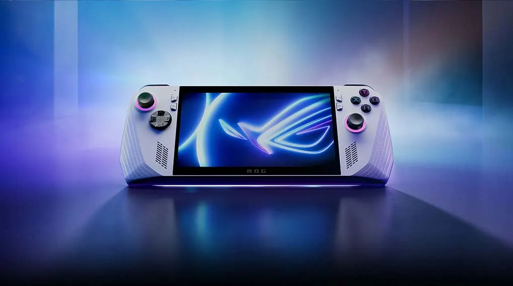 Een witte handconsole met een zwart scherm dat een blauw ROG-logo weergeeft, staat op een blauwe ondergrond tegen een blauwe achtergrond.