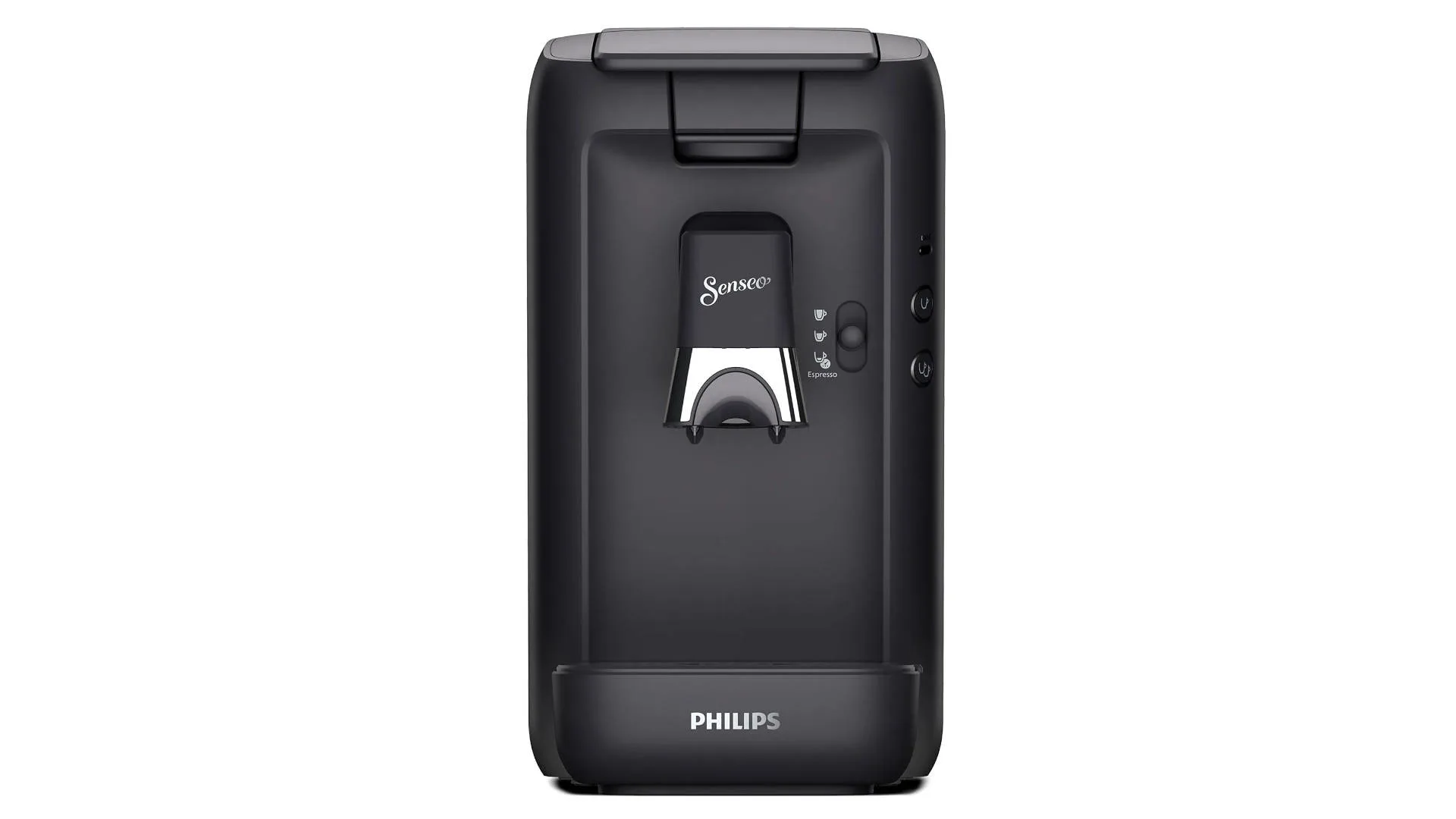 Een zwarte Senseo koffiemachine met Philips logo staat tegen een witte achtergrond.