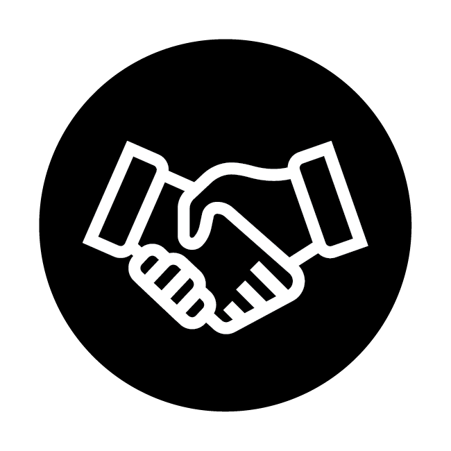 Twee witte handen schudden elkaar, afgebeeld als een pictogram tegen een zwarte cirkel achtergrond.