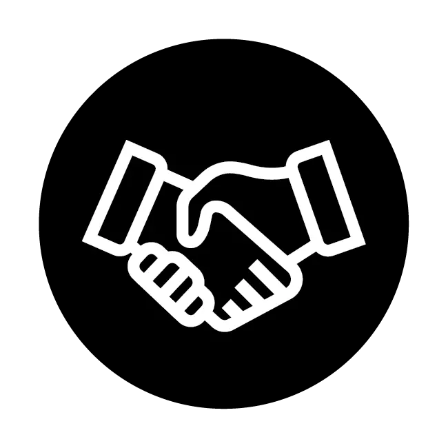 Twee witte handen schudden elkaar, afgebeeld als een pictogram tegen een zwarte cirkel achtergrond.