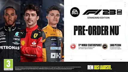 Drie coureurs in racepakken naast een promotie voor het F1 23-spel, met de tekst "PRE-ORDER NU" en logo's.