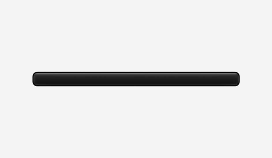 A long black soundbar is centred on a white background, featuring a sleek modern design with smooth rounded edges.