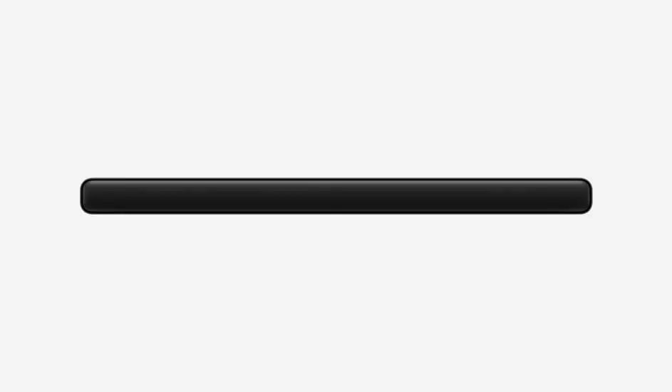 A long black soundbar is centred on a white background, featuring a sleek modern design with smooth rounded edges.
