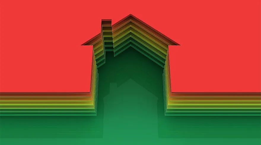 Een abstracte afbeelding van een huis met een schoorsteen, in lagen van rood, geel en groen.