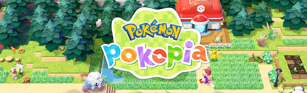 Colourful Pokémon explore a cosy forest village; the lively scenery and logo reveal this charming world as a Pokémon video game.