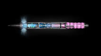 Doorsnede van een Dyson Airwrap-styler tegen een zwarte achtergrond, met interne componenten en roze pijlen.