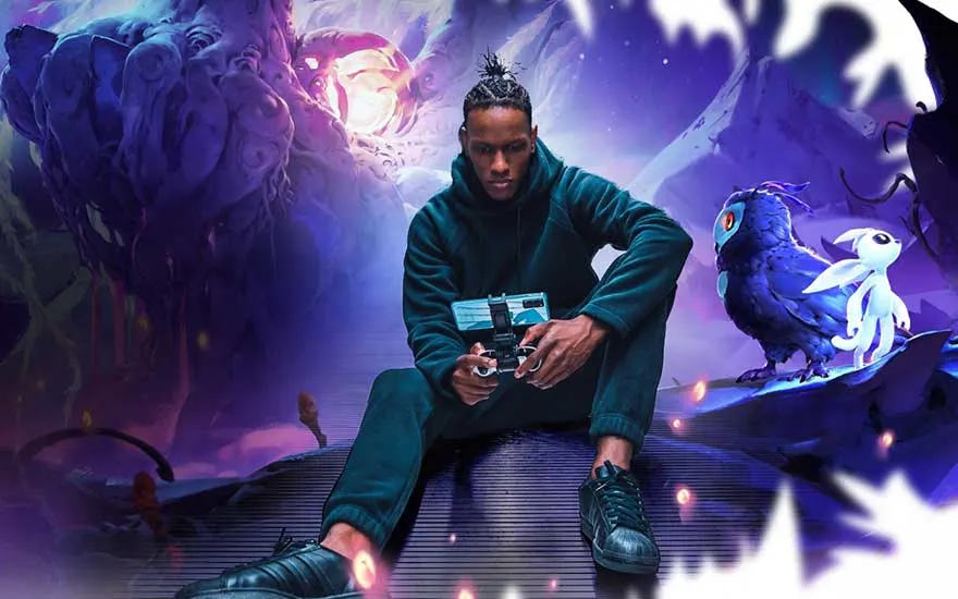 Een jonge man zit midden in een magische spelwereld, controller in de hand, omringd door kleurrijke, mysterieuze wezens en landschappen.