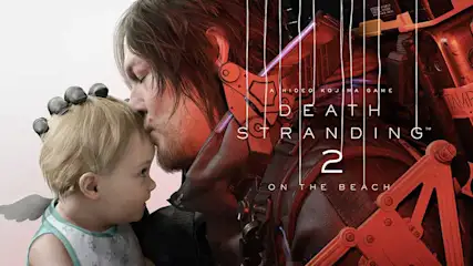 Death Stranding 2 logo met een man die een baby vasthoudt, beide personages hebben een emotionele uitdrukking in close-up.