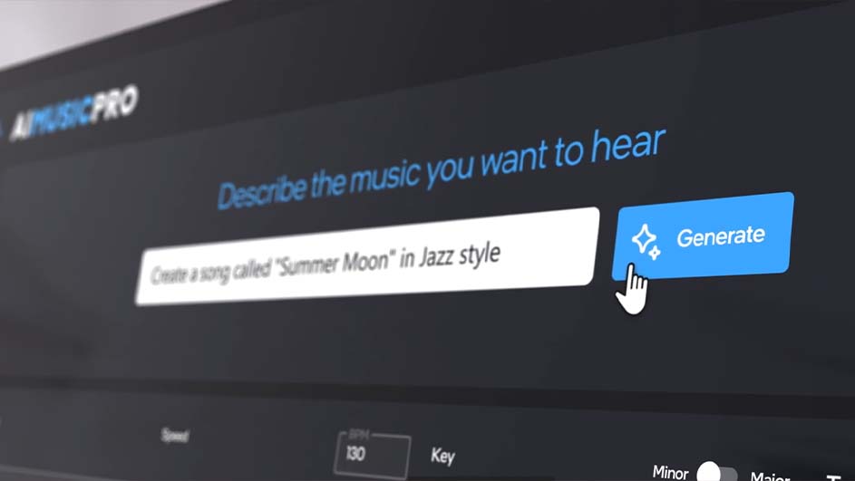 Op een donker scherm staat de tekst: "Beschrijf de muziek die je wilt horen". Een handcursor klikt op de blauwe "Genereer" knop.