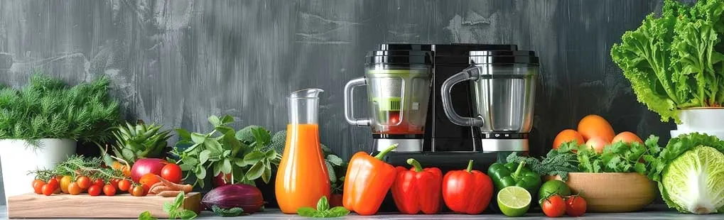 Row of colourful vegetables and herbs lined up before two sleek juicers, with a glass jug of bright orange juice in the centre.