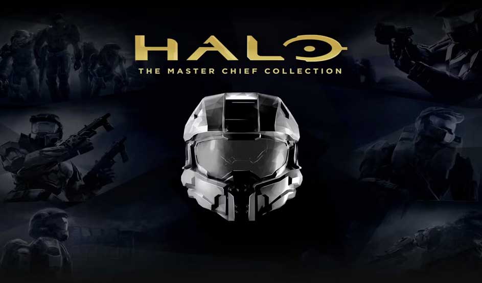 Centraal staat de helm van Master Chief uit Halo: The Master Chief Collection, met scènes uit de Halo-serie op de achtergrond.