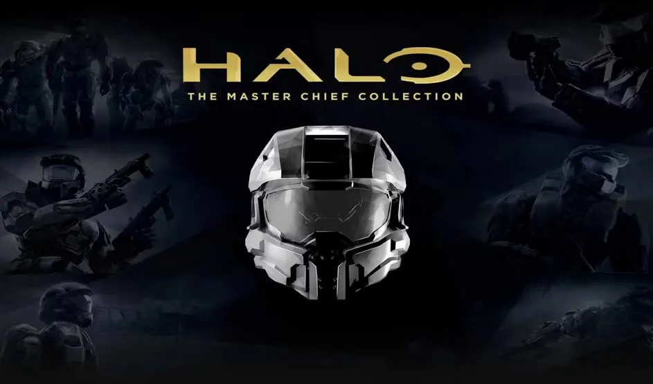 Centraal staat de helm van Master Chief uit Halo: The Master Chief Collection, met scènes uit de Halo-serie op de achtergrond.