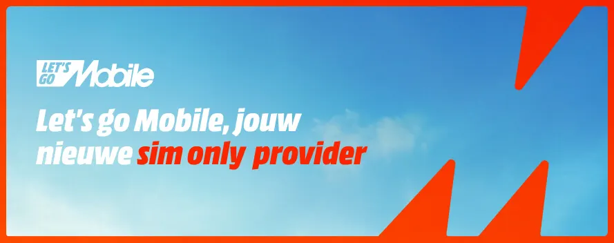 Blauwe achtergrond met oranje rand en witte en oranje tekst 'Let's go Mobile, jouw nieuwe sim only provider'.
