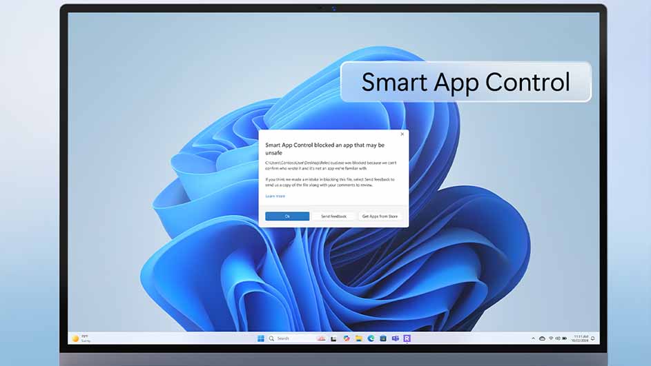 A laptop screen displays Windows with a "Smart App Control" message. A smaller window indicates an app was blocked for safety.