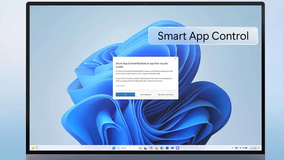 A laptop screen displays Windows with a "Smart App Control" message. A smaller window indicates an app was blocked for safety.