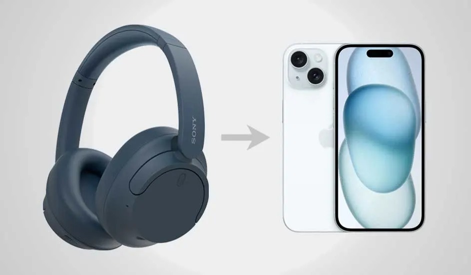 Links zie je een donkerblauwe Sony koptelefoon, rechts een witte Apple iPhone, met een pijl ertussen op een grijze achtergrond.