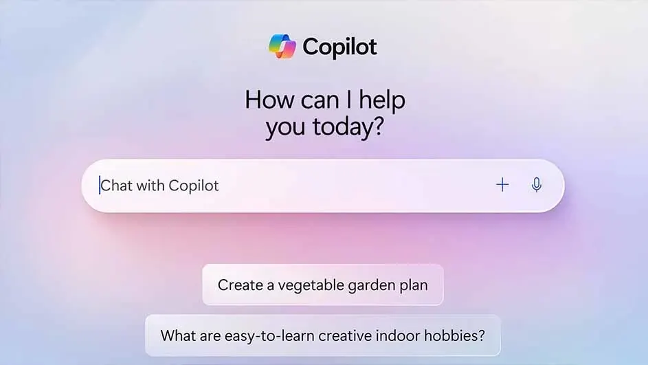 Het startscherm van Copilot toont een zoekbalk met de vraag "How can I help you today?" en voorbeeldvragen. Merknaam: Copilot.