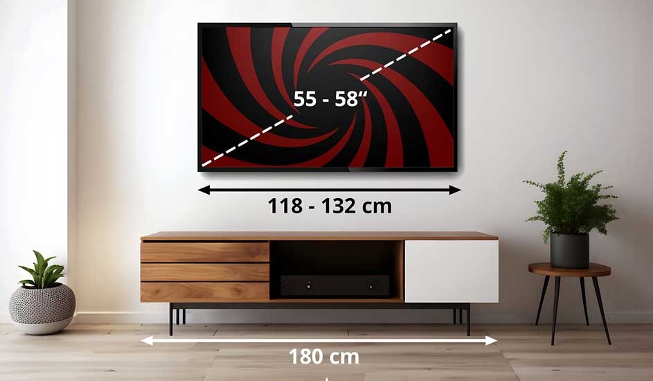 A flat screen TV sized 55–58 inches is mounted above a modern wooden TV stand; measurements show ideal width for fitting in a stylish living room. No brand shown.