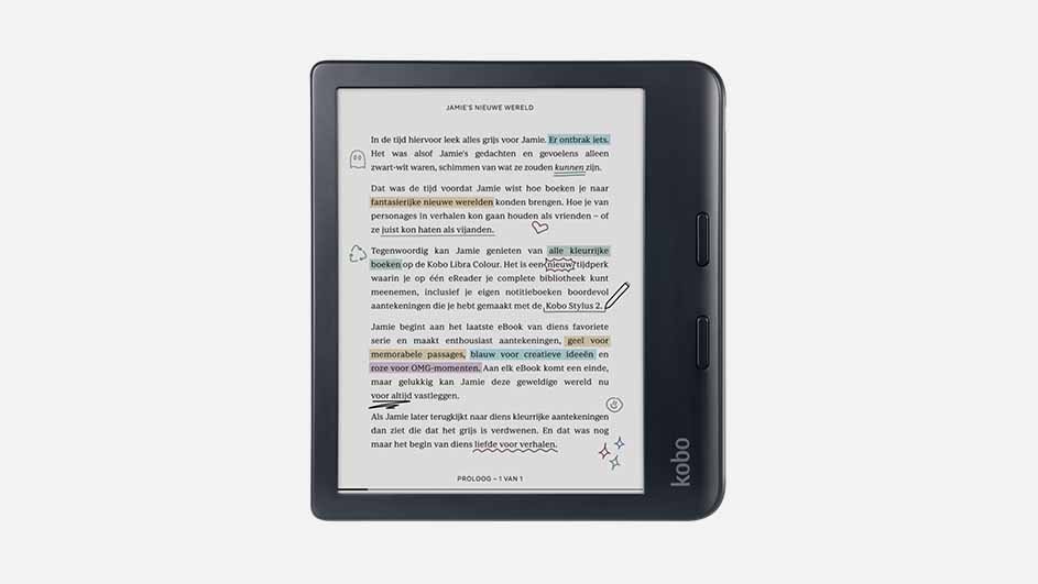Black Kobo e-reader displaying text with colored highlights on a light gray background. The word "kobo" is on the right.