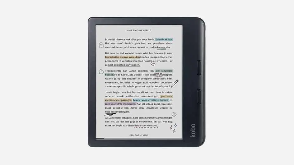 Een zwarte Kobo e-reader toont een pagina met kleurrijk gemarkeerde tekst tegen een witte achtergrond.