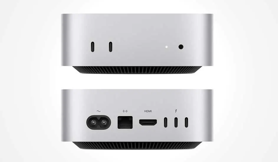 Een compacte zilverkleurige desktop met afgeronde hoeken, voorzien van meerdere aansluitingen aan voor- en achterkant. Het merk is Apple.