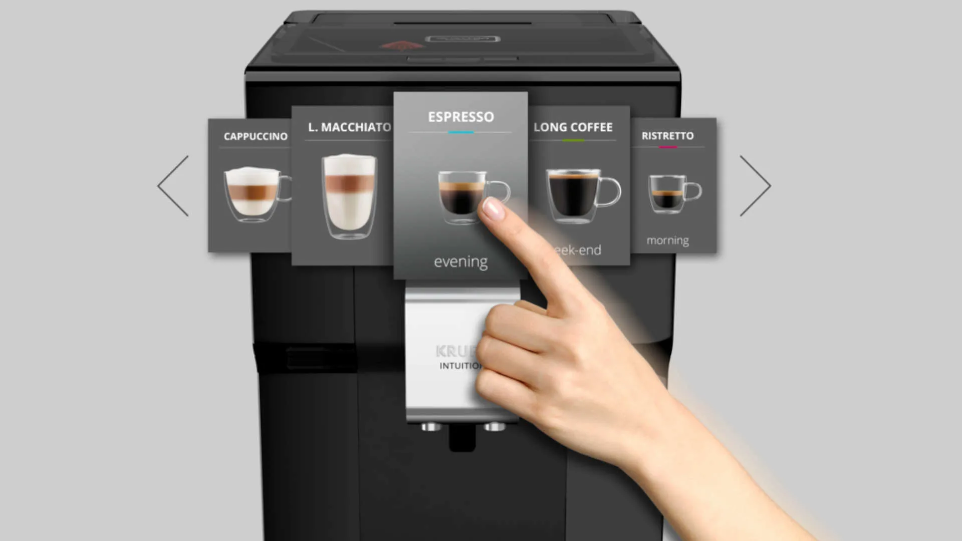Koffiemachine met touchscreen waarop een hand 'espresso' selecteert, met opties als cappuccino en lange koffie.