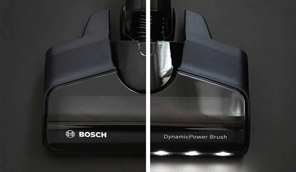 A Bosch DynamicPower Brush appears split: left side dark, right side lit by bright LEDs that reveal dust on gloomy floors.