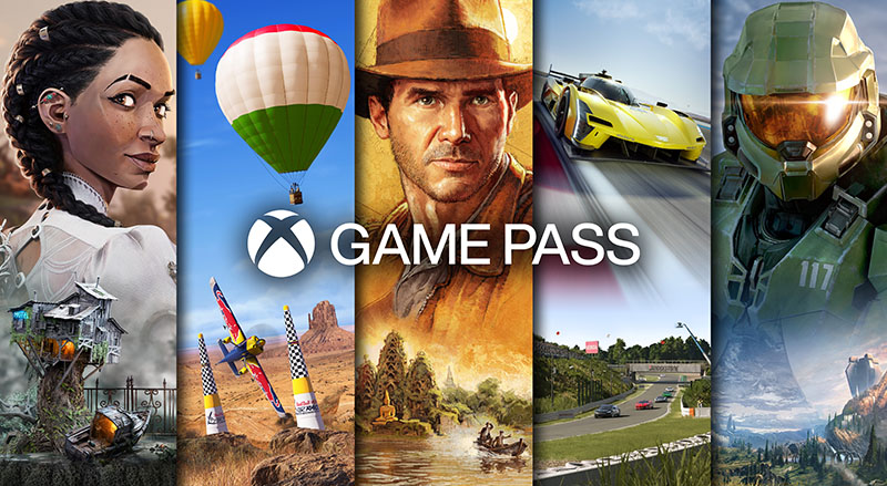 Xbox Game Pass-promo met kleurrijke scènes: avonturen, racen, ballonvlucht, natuur en sci-fi. Perfect voor gamers met diverse interesses.