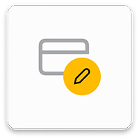 Grijze creditcard icoon met een gele cirkel en een zwarte potlood, op een witte achtergrond.