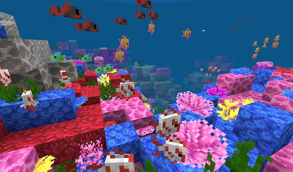 In de game Minecraft zie je een kleurrijk koraalrif onder water met blokkerige vissen, felgekleurde koralen en planten in een pixelstijl.