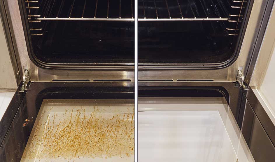 An open oven shows baked-on grime on the left and a clean base on the right, as a clear before-and-after comparison.