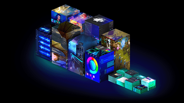Blauwe kubussen met afbeeldingen van games, geluidsgolven en kleurwielen op een zwarte achtergrond.