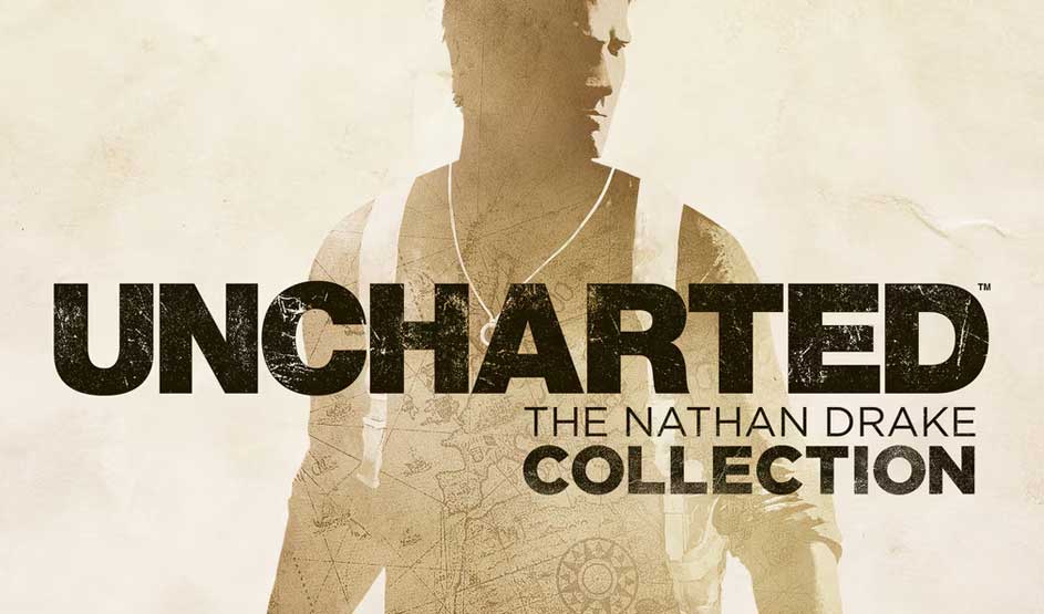 Op de afbeelding staat het logo van UNCHARTED: The Nathan Drake Collection met een silhouet van hoofdpersonage Nathan Drake op de achtergrond.