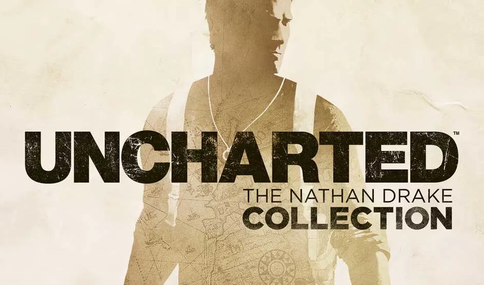 Op de afbeelding staat het logo van UNCHARTED: The Nathan Drake Collection met een silhouet van hoofdpersonage Nathan Drake op de achtergrond.