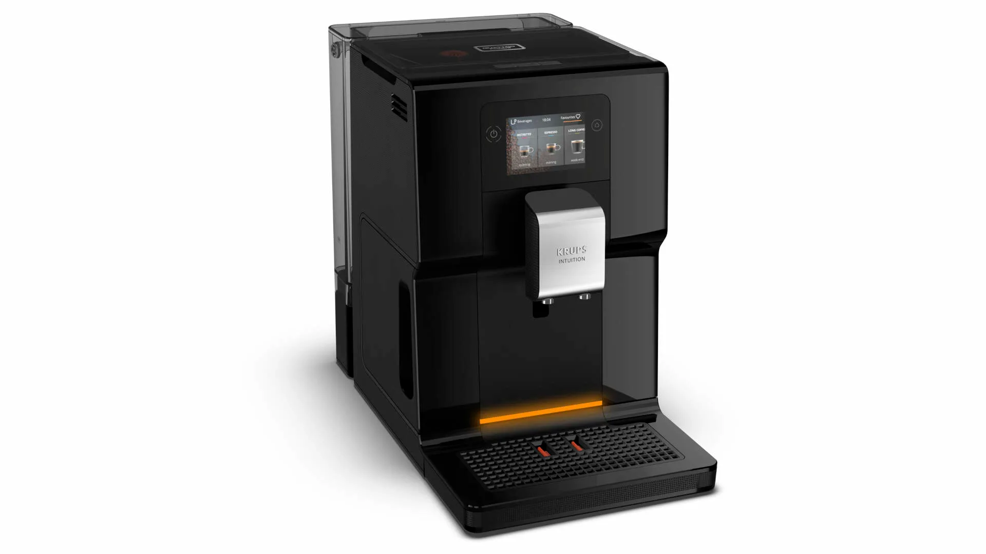 Een zwarte Krups Intuition koffiemachine staat op een witte achtergrond. Het apparaat heeft een display en een zilverkleurige uitloop.