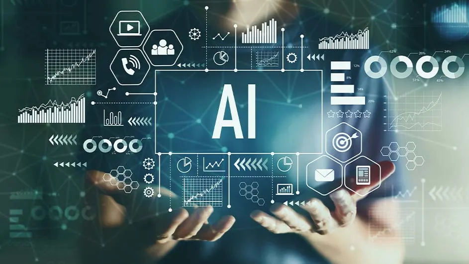 Handen houden een digitaal scherm vast met het woord "AI" omringd door grafieken en pictogrammen.