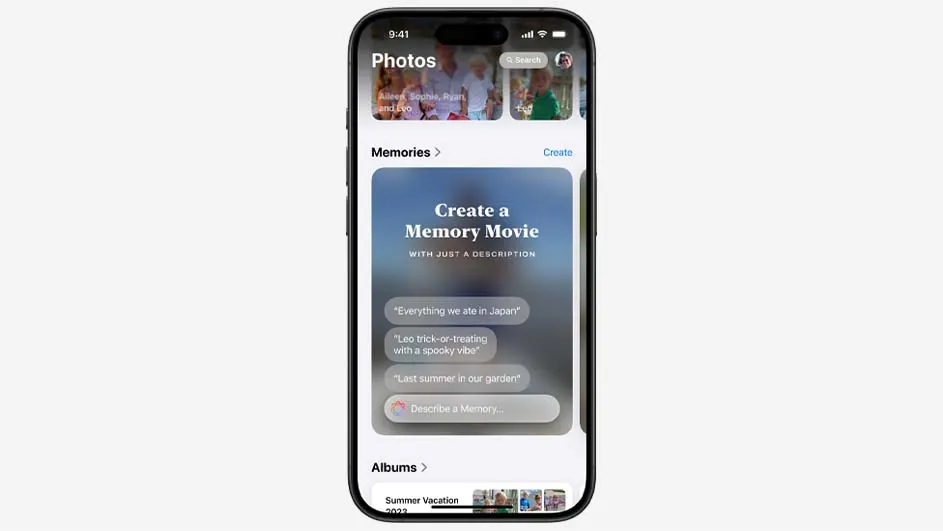 Een iPhone-scherm toont de 'Foto's'-app met de optie 'Herinneringen' en 'Maak een herinneringsfilm'.