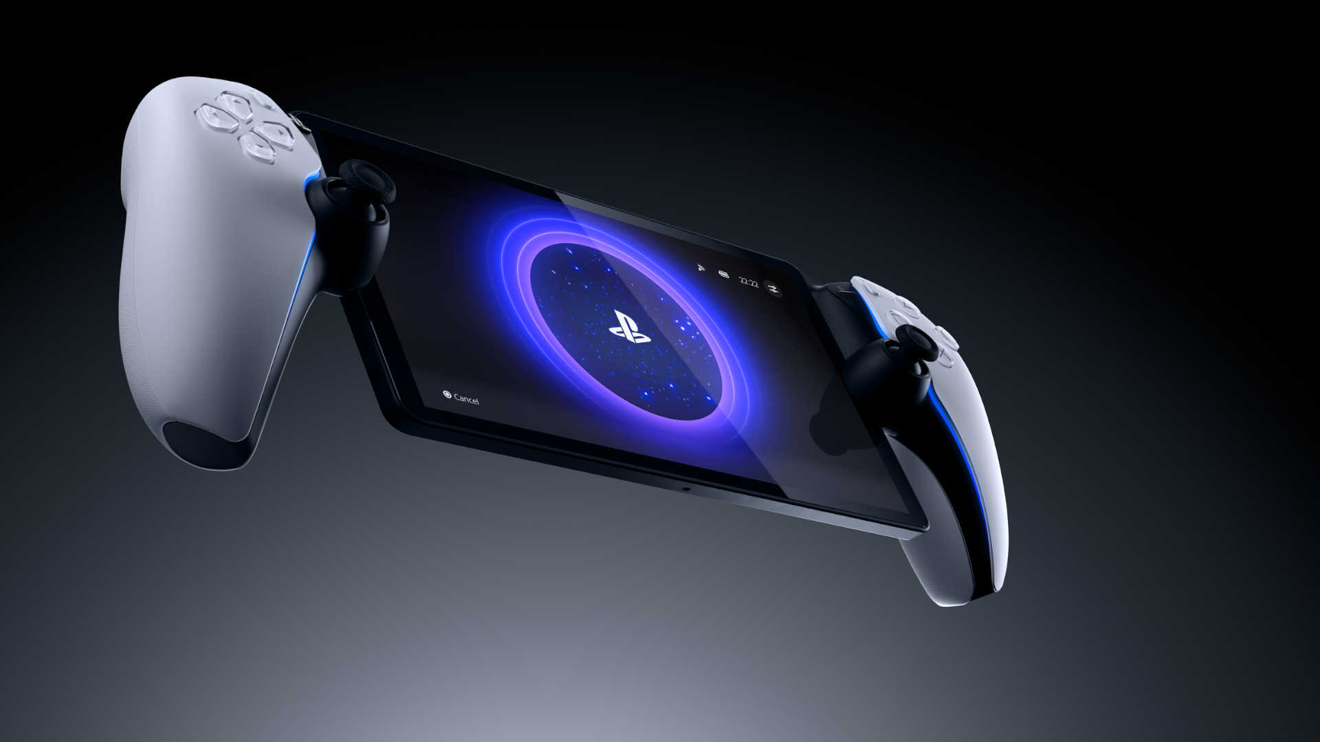 Tablet met PlayStation-controllers aan beide zijden, toont een blauw PlayStation-logo. Zwarte achtergrond.