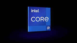 Blauw Intel Core i9 logo op een zwarte achtergrond, toont het merk en de productlijn van een computerprocessor.