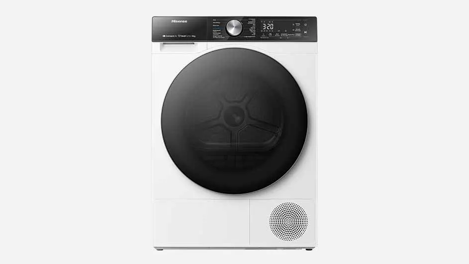 A white Hisense tumble dryer with a large black round door, digital display, and control knob is shown on a plain background, ready for use.