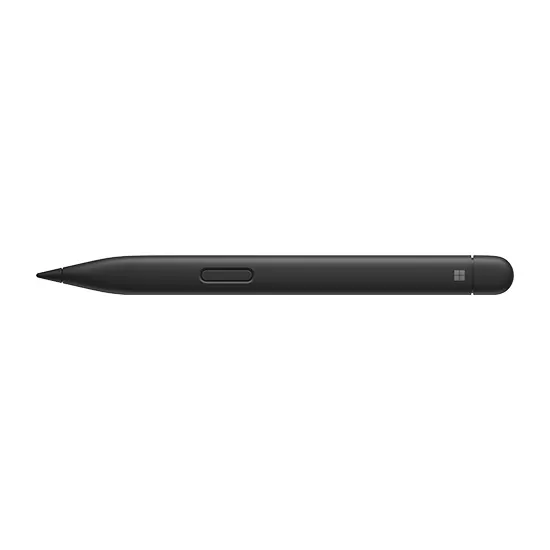 Een zwarte stylus pen ligt horizontaal op een witte achtergrond, met een punt aan de linkerkant en een knop aan de rechterkant.
