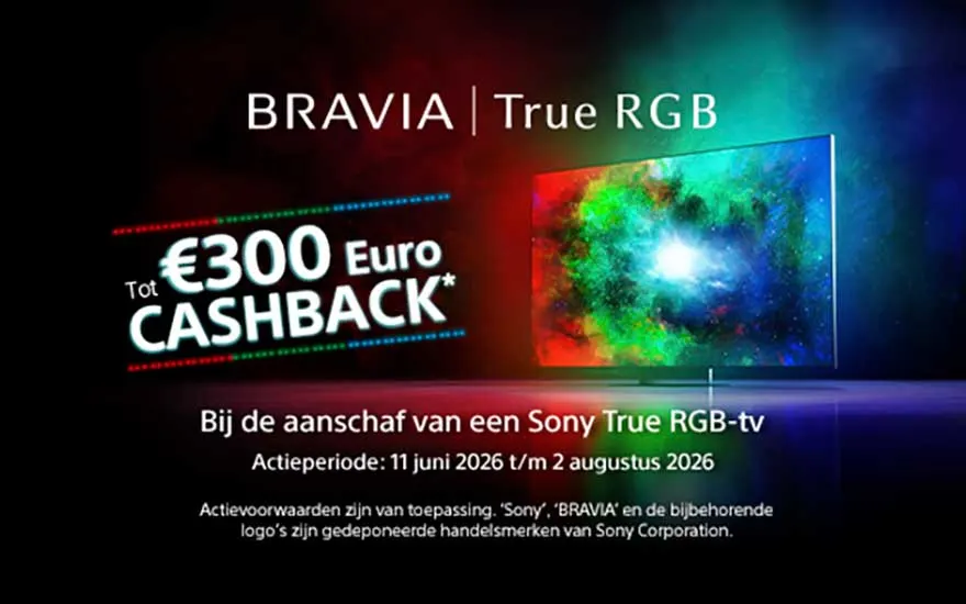 Promotiebeeld voor BRAVIA True RGB met kleurrijke tv en tot €300 cashback bij aankoop van een Sony tv.