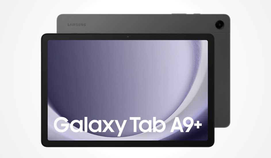 Op de afbeelding zie je een Samsung Galaxy Tab A9+ tablet in het zwart, met groot scherm en camera rechtsboven op de achterkant.