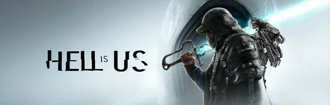 Dramatische game-artwork met een soldaat in ruimtepak die een wapen vasthoudt, met de titel "HELL IS US" in grote letters.