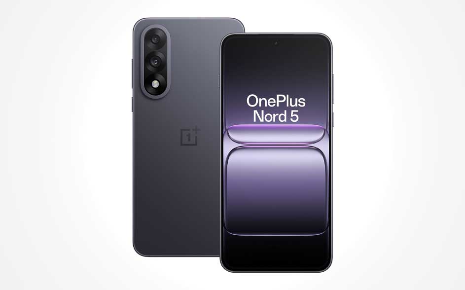 Twee donkergrijze OnePlus-toestellen: achterzijde met verticale dubbele camera, voorzijde toont “OnePlus Nord 5” op paars scherm.