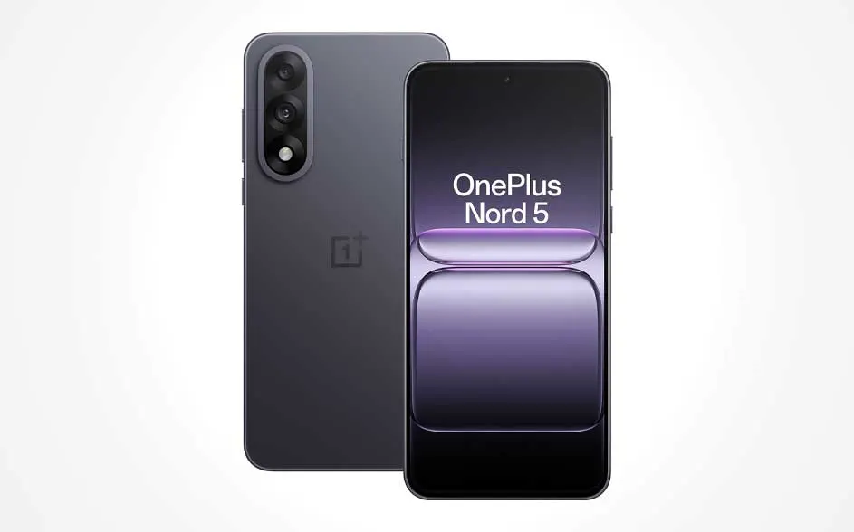 Twee donkergrijze OnePlus-toestellen: achterzijde met verticale dubbele camera, voorzijde toont “OnePlus Nord 5” op paars scherm.