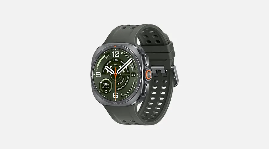 Samsung Galaxy Watch Ultra2-smartwatch met sportieve wijzerplaat, in de kleur groen.