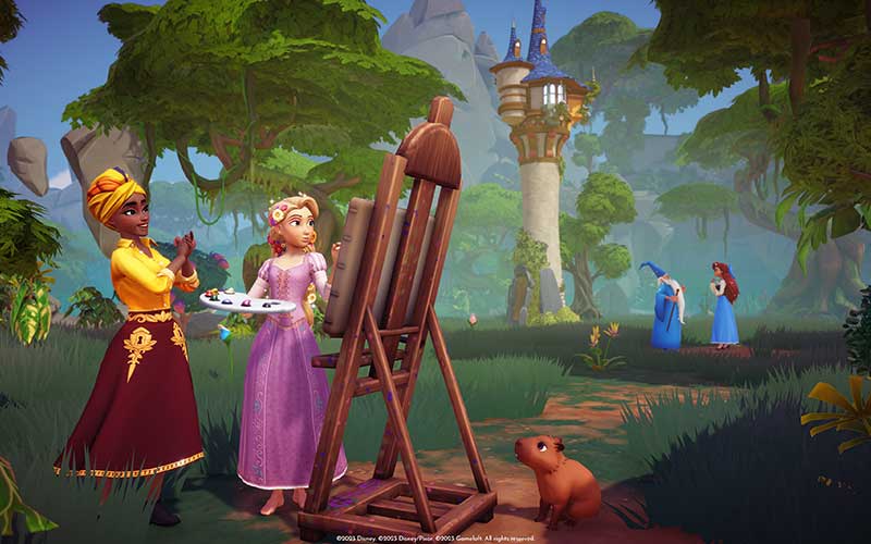 Bosrijke scène waar een prinsesachtig personage schildert op een ezel, aangemoedigd door een vriendin; in de verte staan twee andere figuren en een hoge toren.