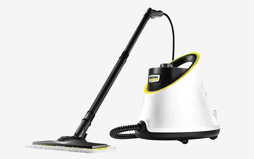 Close up of a compact steam cleaner with long hose and rectangular floor head, ready for deep cleaning various hard floor surfaces.